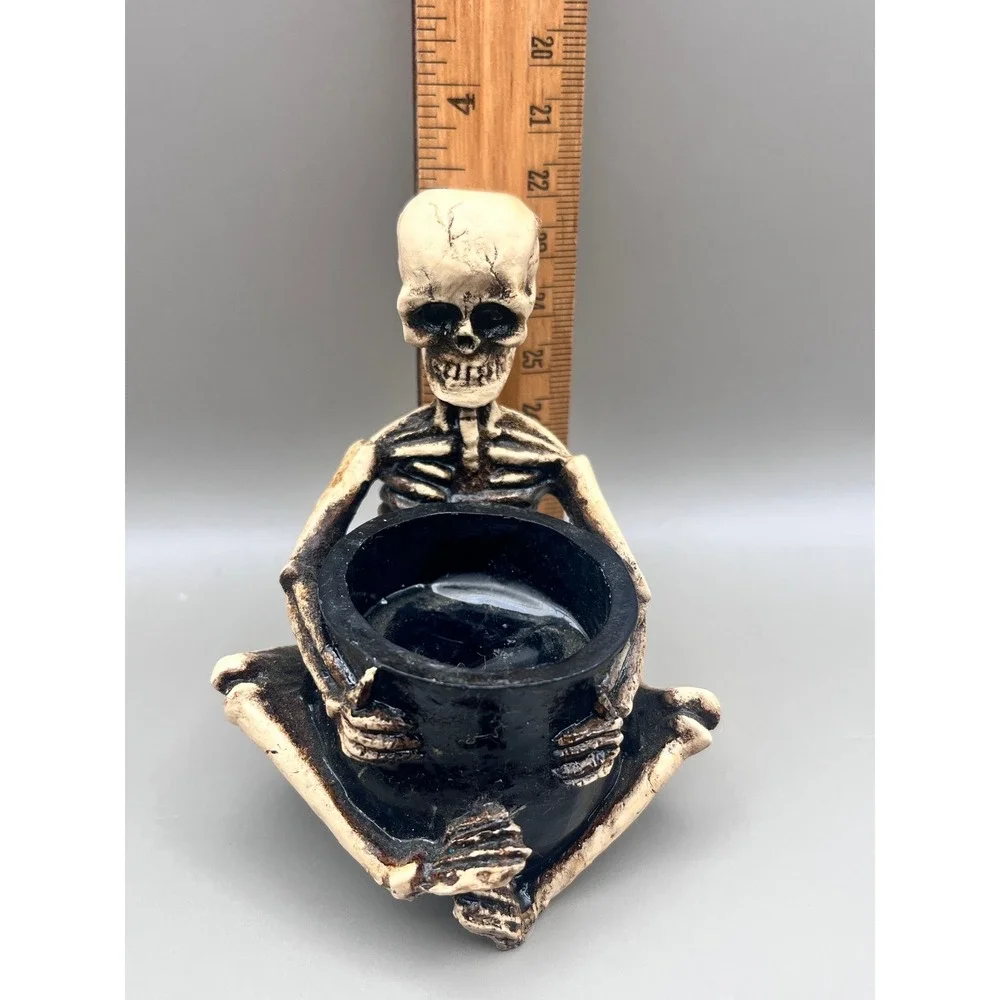 Skeleton Sitting w/ Cauldron Tea Light Candle Holder Gothic Resin Decor‎ 3.5